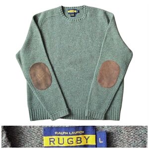Y2K Ralph Lauren Rugby Men Sweater Sz L Wool Green Leather Elbow Patch Heritage